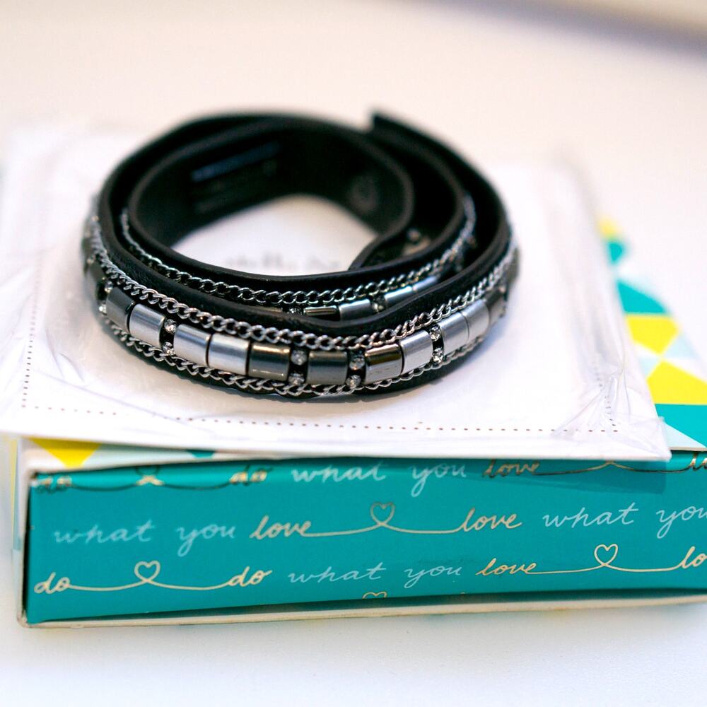 Stella & Dot Cady Wrap Leather Bracelet Silver Black
